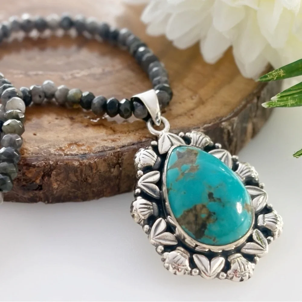 Pure Sterling Silver 925 Genuine Turquoise Pendant Southwest Navajo Style New